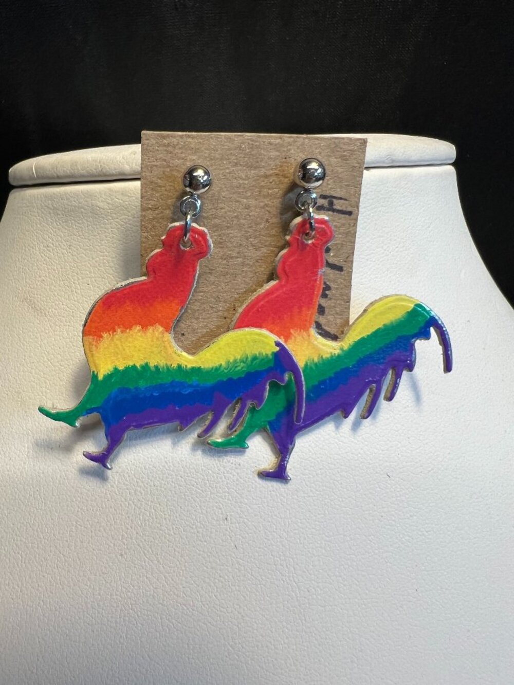 Rainbow Rooster Earrings on Stainless Steel Posts, Handmade, Leather, OOAK